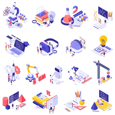 STEM education isolated icons set of science lab equipment robots mathematics figures isometric vector illustration