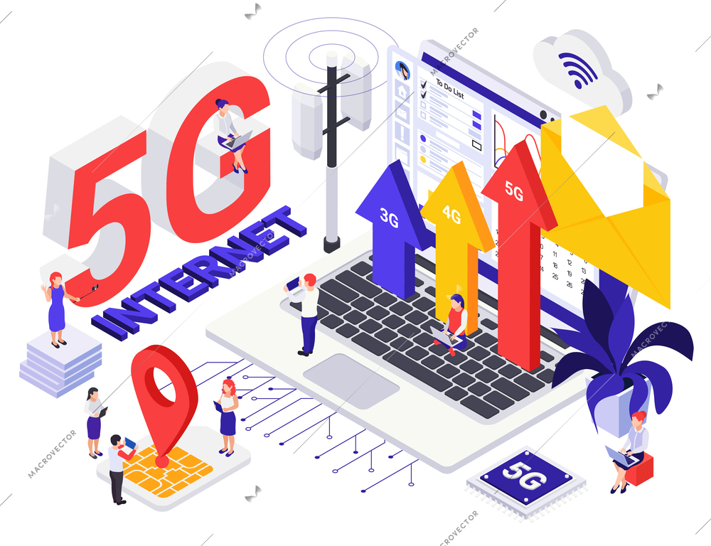 Network 5G internet generation  isometric design concept with tiny persons and growth symbols vector illustration