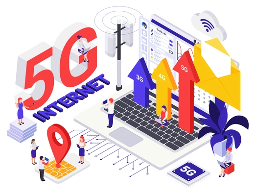 Network 5G internet generation  isometric design concept with tiny persons and growth symbols vector illustration