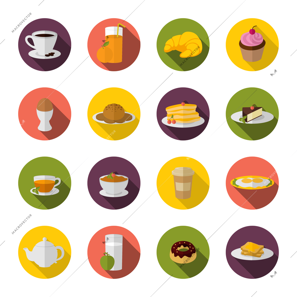 Breakfast food and drink icon with tea coffee croissant and sandwich flat set vector illustration