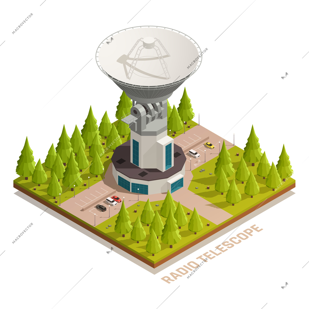Astronomy isometric composition with big radio telescope 3d vector illustration