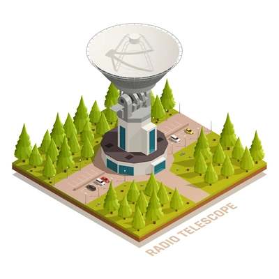 Astronomy isometric composition with big radio telescope 3d vector illustration