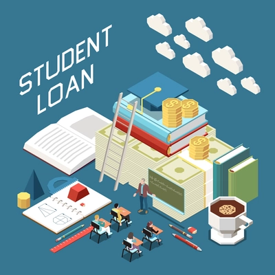 Student beneficial loan packages isometric composition with textbooks academic graduation cap on pile of banknotes vector illustration