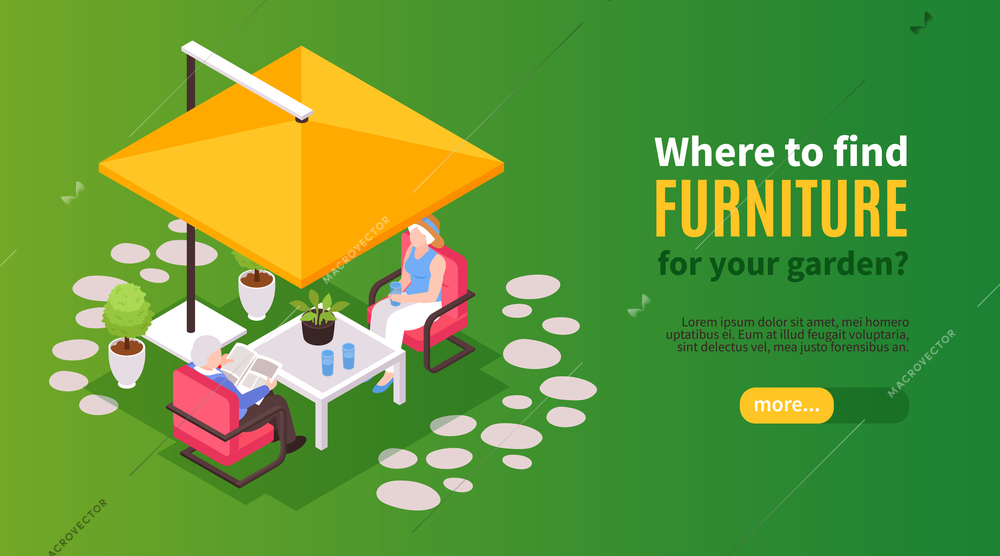 Isometric garden furniture horizontal banner with text slider button and elderly couple sitting under tent cap vector illustration