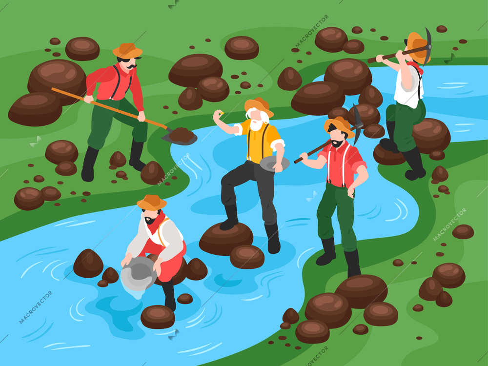 Isometric gold mining composition with view of river gold panning with vintage human characters of miners vector illustration