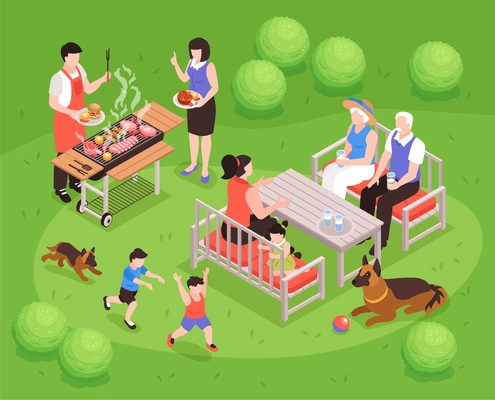 Isometric generation family composition with outdoor lawn scenery and bbq with parents dogs and running children vector illustration