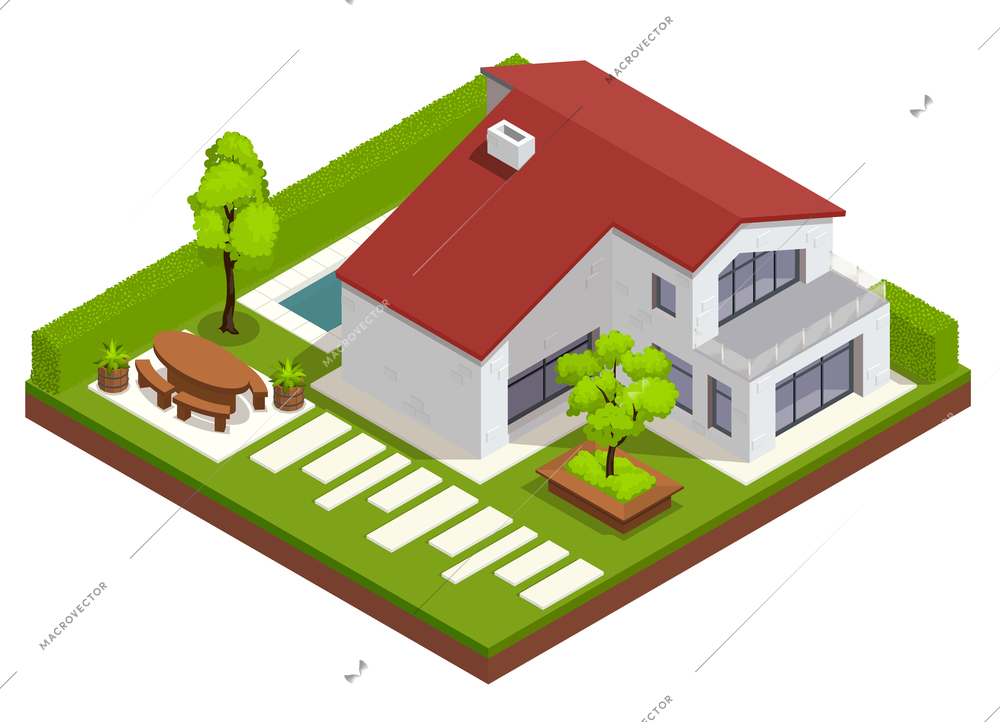 Landscape design isometric composition with view of residential yard with house and backyard with modern decorations vector illustration