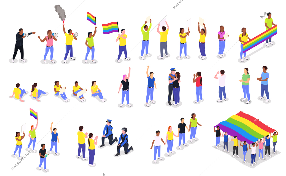 Public protest demonstration set with isolated human characters of protesters with lgbt flags and pride gestures vector illustration