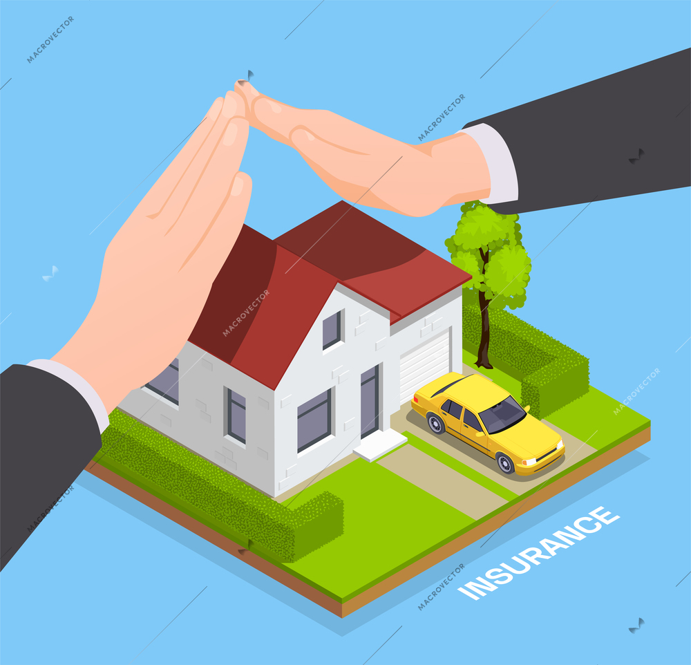 Insurance isometric composition with image of private house with agents hands protecting property with editable text vector illustration