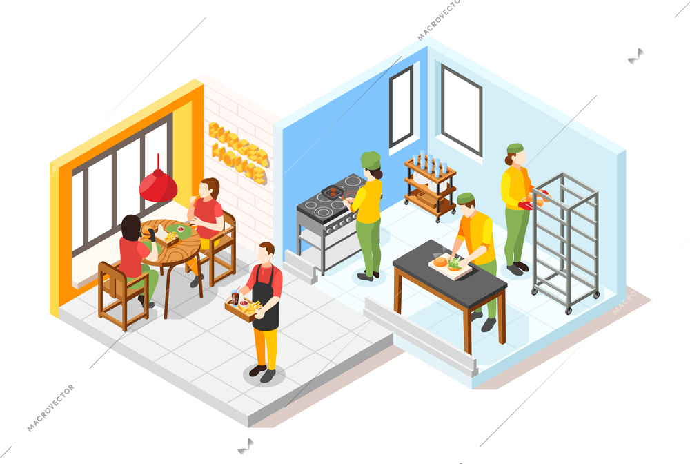 Burger house isometric composition with view of fast food restaurant guest room and kitchen with people vector illustration