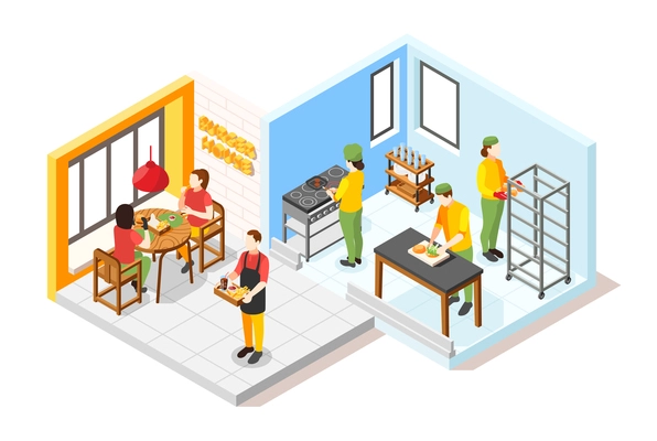 Burger house isometric composition with view of fast food restaurant guest room and kitchen with people vector illustration