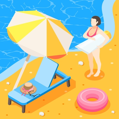 Sunscreen isometric background composition with view of sea coast with beach couch umbrella and sunburn cream vector illustration