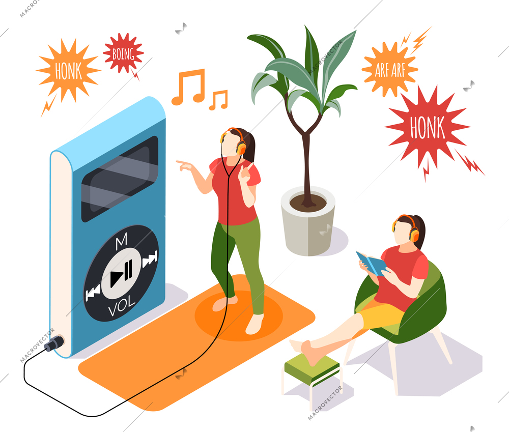 Noise pollution isometric composition with images of mp3 player and relaxing women beyond notes sound icons vector illustration