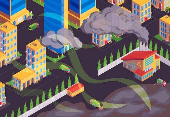 City garbage waste air pollution isometric composition with heavy dirty chimney smoke in residential area vector illustration