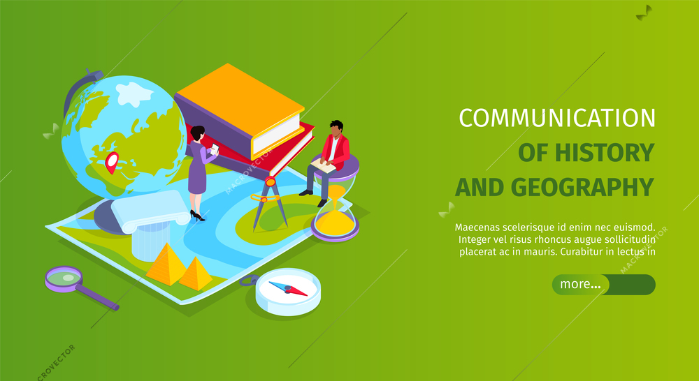 History and geography combined subjects site school education landing page isometric horizontal web banner background vector illustration