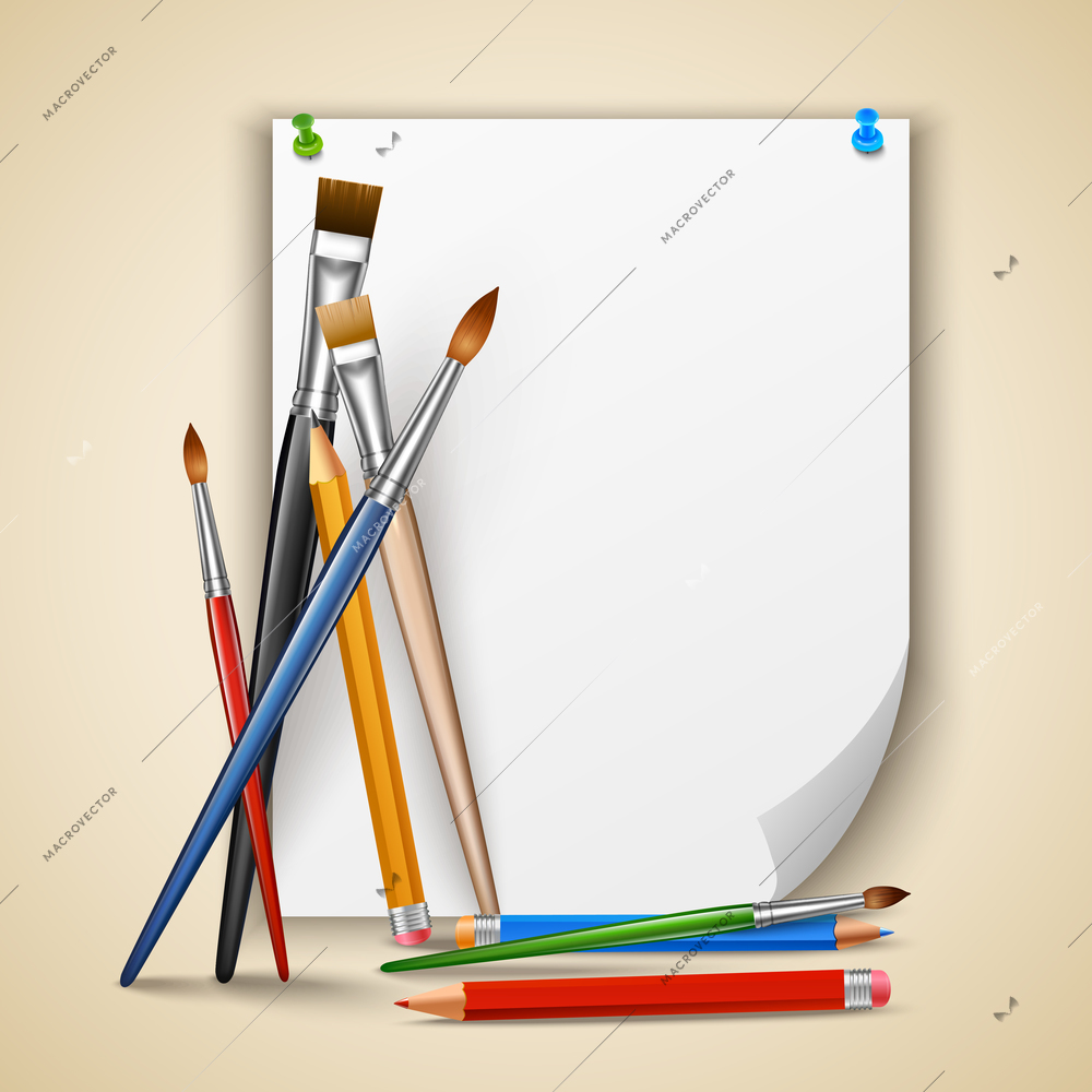 Art color paintbrushes and pencils with sheet of paper vector illustration