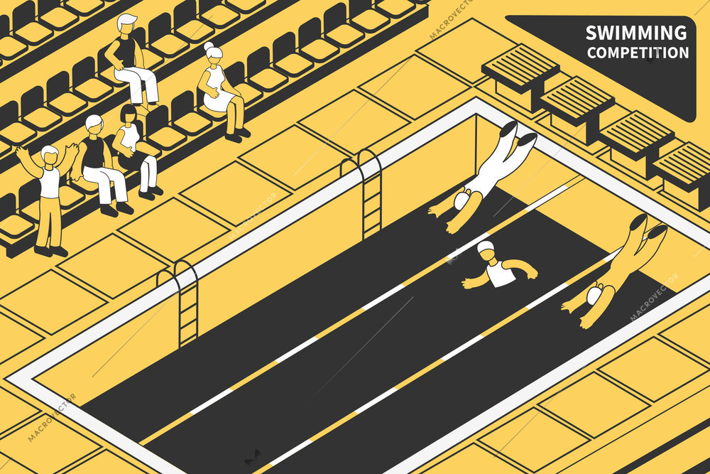 Swimming competitions isometric composition with view of olympic pool with swimmers and stadium stand with fans vector illustration