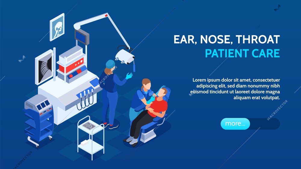 Isometric doctor ent horizontal banner with editable text slider more button and images of medical station vector illustration