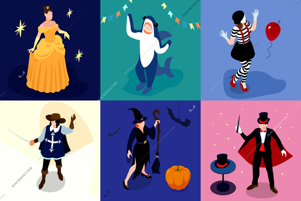 Isometric festive masquerade carnival design concept with square compositions of people in funky costumes with accessories vector illustration