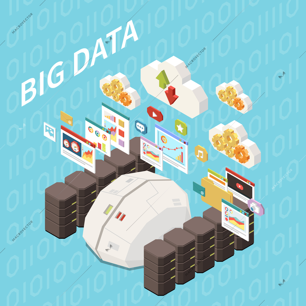 Artificial intelligence isometric composition with view of data tank brain server racks and cloud computing pictograms vector illustration