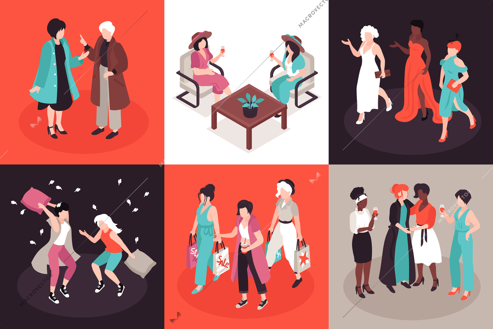 Isometric women friends design concept with female characters in beautiful dress hanging around with fellow ladies vector illustration