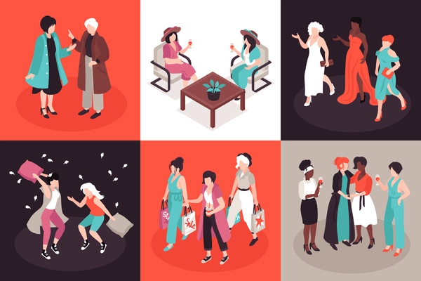 Isometric women friends design concept with female characters in beautiful dress hanging around with fellow ladies vector illustration