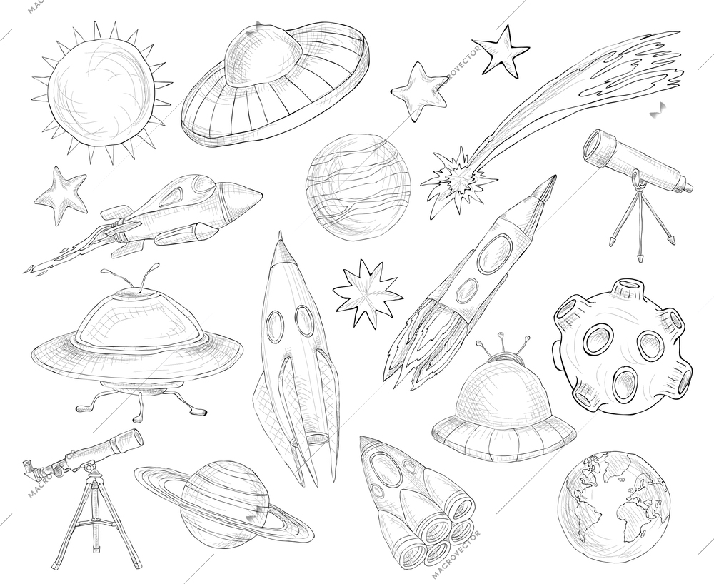 Space and astronomy decorative elements sketch set isolated vector illustration