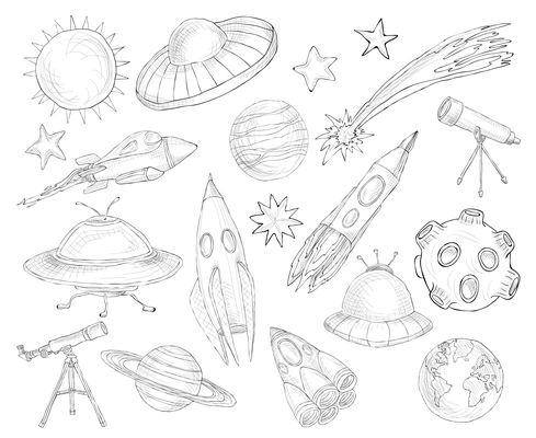 Space and astronomy decorative elements sketch set isolated vector illustration