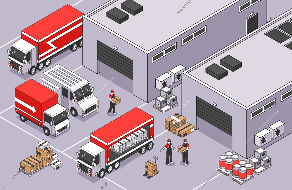 Isometric logistics composition with outdoor scenery of warehouse area with buldings parcel boxes vans and trucks vector illustration