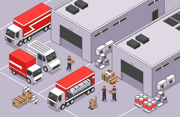 Isometric logistics composition with outdoor scenery of warehouse area with buldings parcel boxes vans and trucks vector illustration