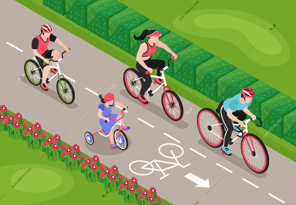 Isometric bicycle composition with outdoor view of bike lane with characters of family members on ride vector illustration