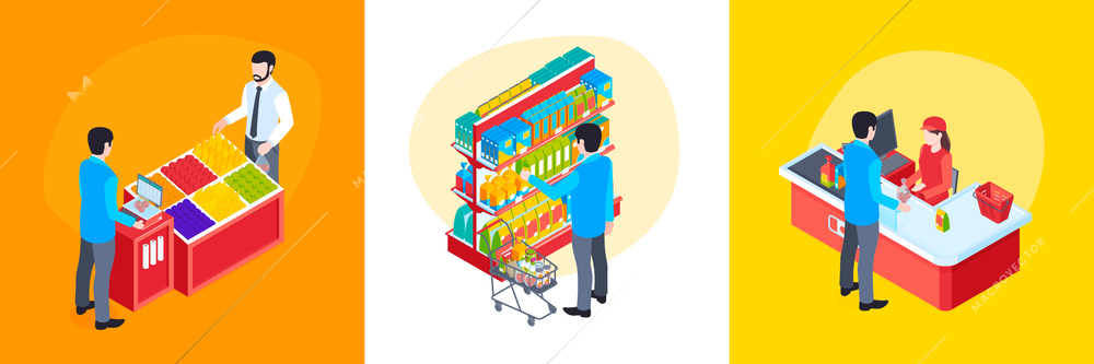 Isometric supermarket design concept with set of three compositions with characters of visitors cashier and goods vector illustration