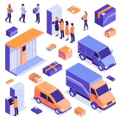 Isometric post terminal electronic locker delivery logistics set with isolated icons images of vans and parcels vector illustration