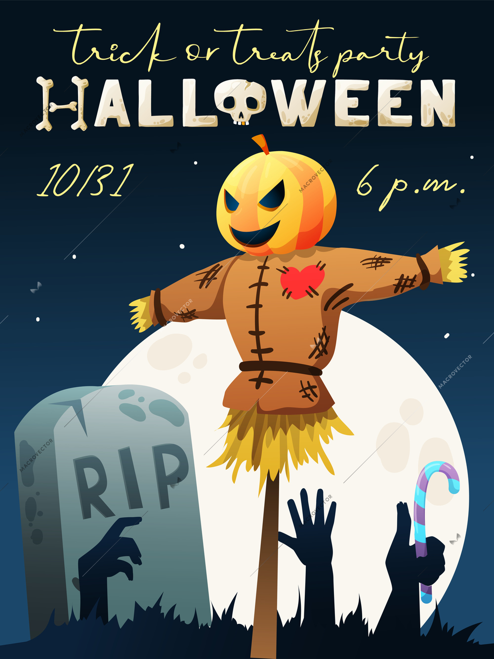 Halloween trick or treat party invitation announcement poster graveyard scene with rising scary zombie arms vector illustration