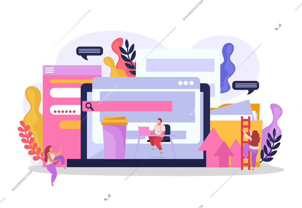 Computer users flat composition with collage of virtual screens windows fields and coffee cup with workspace vector illustration