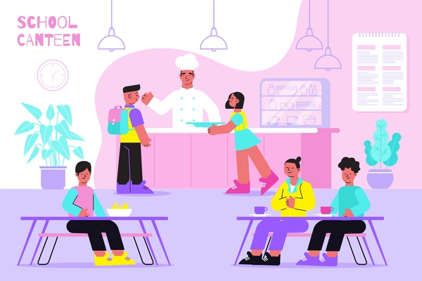 School canteen pupils choosing lunch drinks snacks sandwiches at counter and eating flat interior composition vector illustration