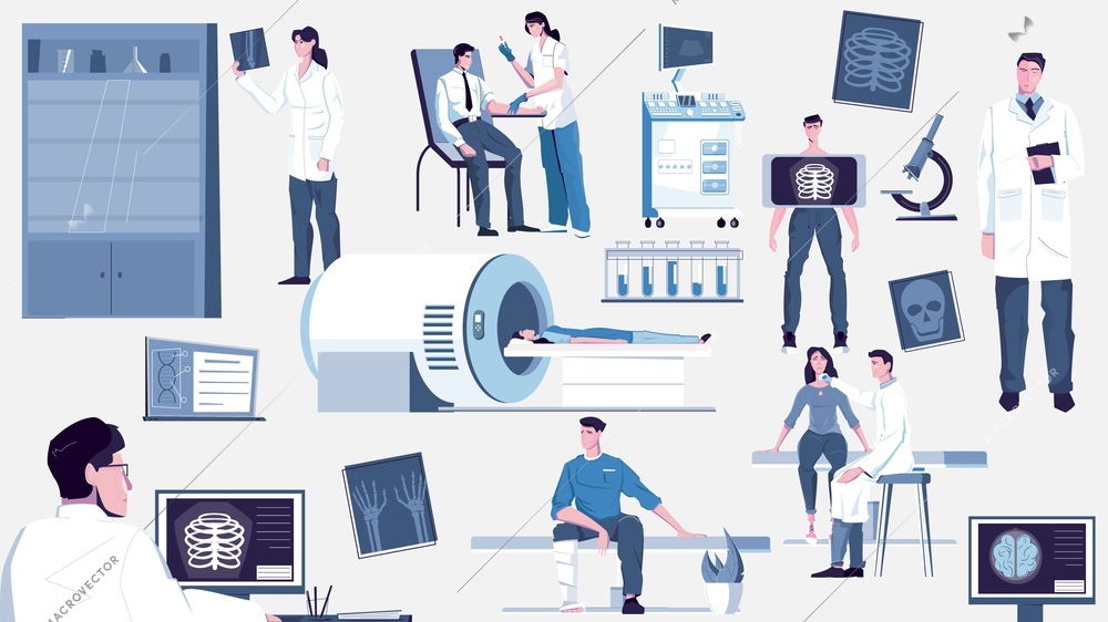 Clinic examination set of flat medical equipment icons and isolated characters of medical specialists and patients vector illustration