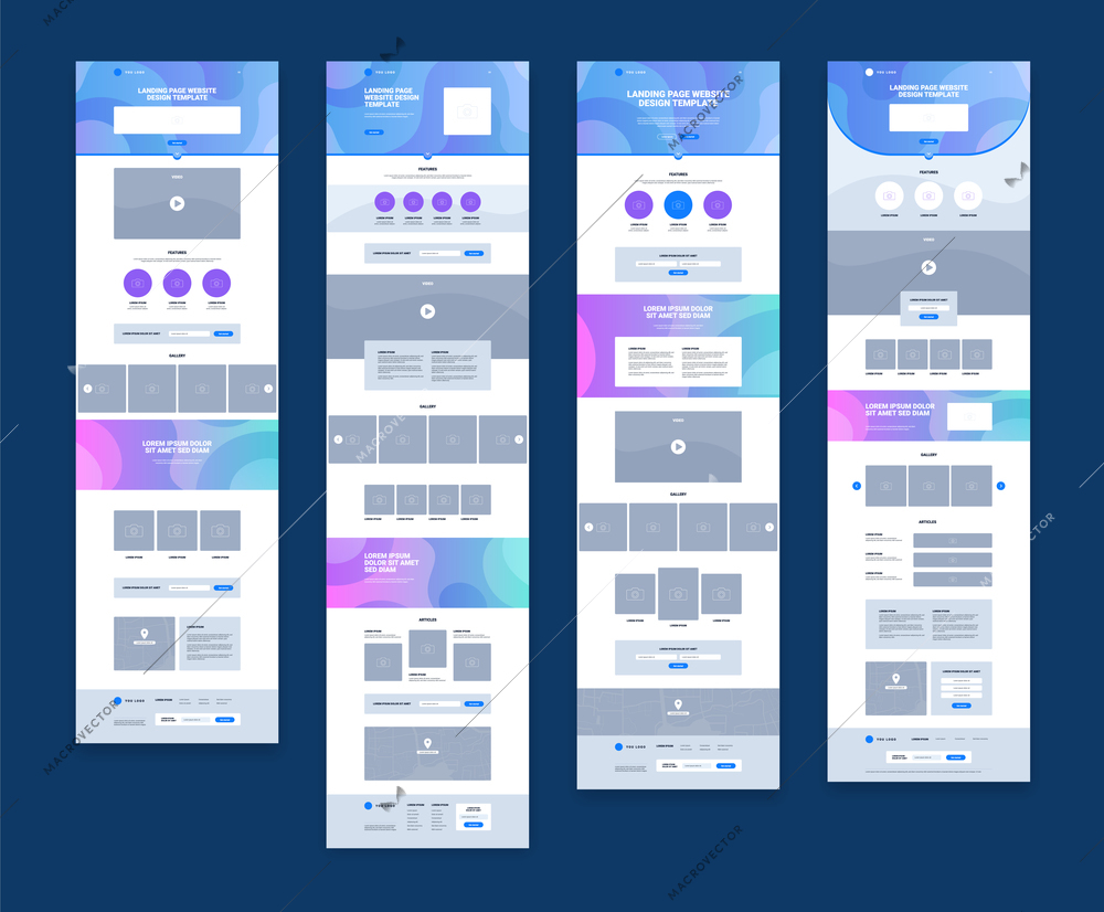 Modern website page design set in pastel colors with field for articles gallery logo contacts isolated on blue background flat vector illustration