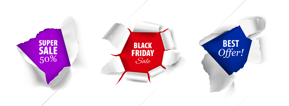 Realistic design concept with black friday super sale best offer text on color background in torn paper holes isolated vector illustration