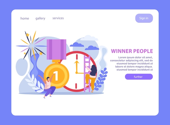 Winner people flat landing page with clickable links buttons and images of trophies clock and people vector illustration