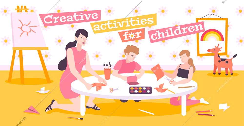 Creative activities for children flat background with mom teaching children to make origami from paper vector illustration