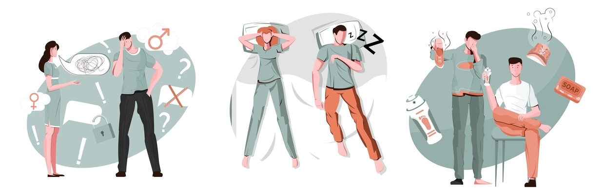 Men problem compositions set with flat female and male human characters with stinky shoes and snoring vector illustration