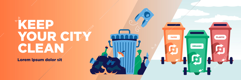 Garbage recycling horizontal banner with editable text and waste bins with reuse symbols and rubbish bags vector illustration