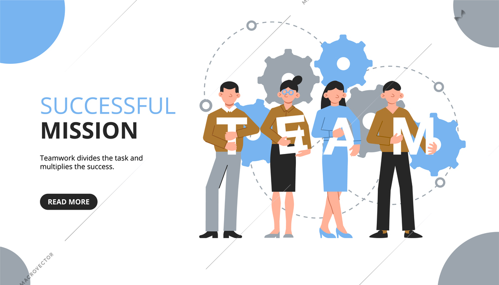 Teamwork horizontal banner with clickable button text and group of coworkers with letters and gear icons vector illustration