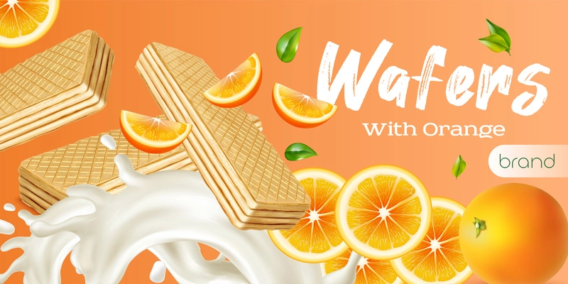 Wafer realistic advertisement with fresh whole and sliced orange and milk splashes vector illustration