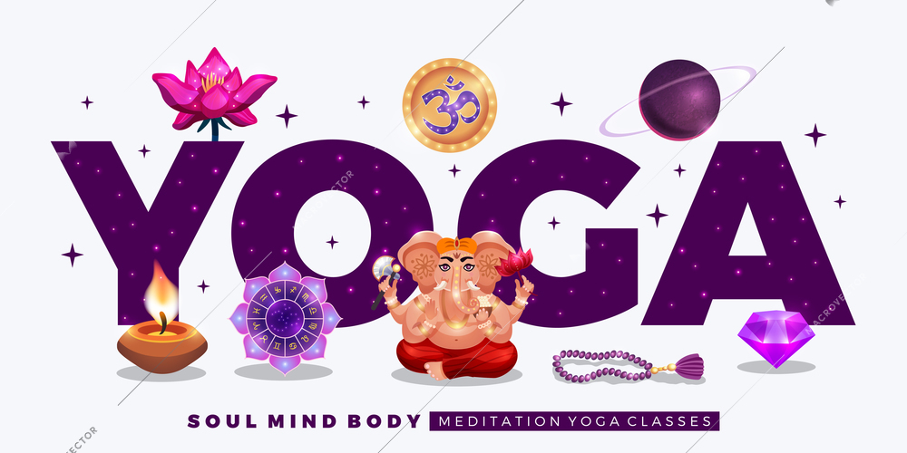 Realistic meditation and yoga classes horizontal poster with ganesha lotus candle planet signs of zodiac vector illustration