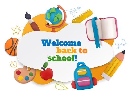 Plasticine school composition with welcome back to school symbols vector illustration