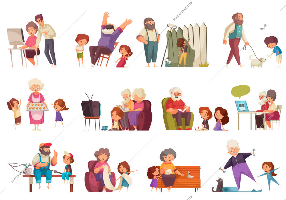 Grandma and grandpa set with pastime symbols flat isolated vector illustration