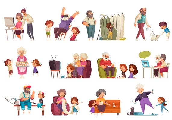 Grandma and grandpa set with pastime symbols flat isolated vector illustration