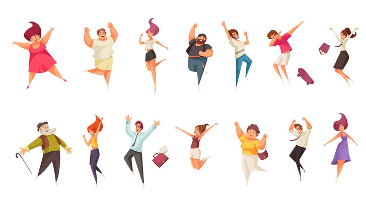 Joyful jumping people set with success symbols flat isolated vector illustration